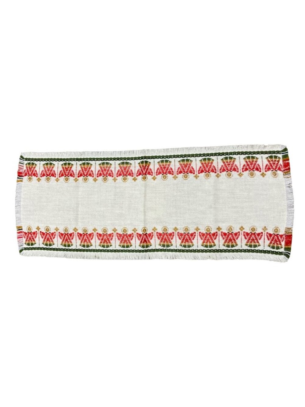Vintage Handwoven Table Runner With Red & Green Angel Motif 40"x16"